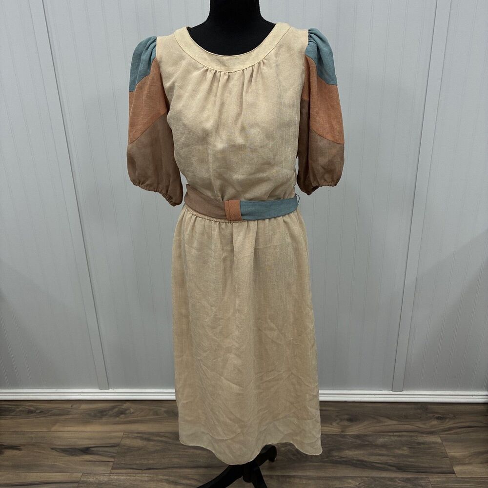 VTG Cachet Bari Protas Womens 13/14 Beige/Blue Fit Flare Midi Dress Cottagecore